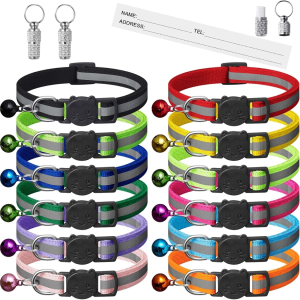 12 Pack Reflective Breakaway Cat Collars With Bells,Safety Buckle Kitten Collar, With Name