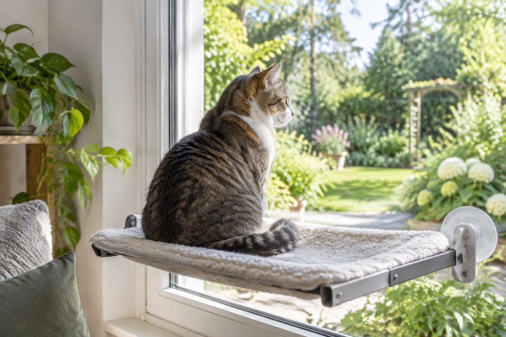 A cat on a window perch looking at a garden