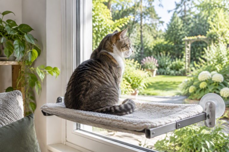 A cat on a window perch looking at a garden