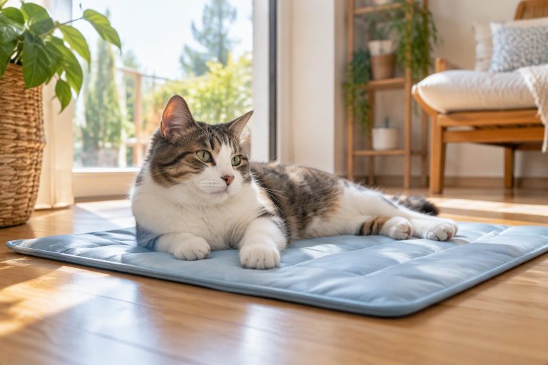 A cat lounging on a cooling mat in the sun