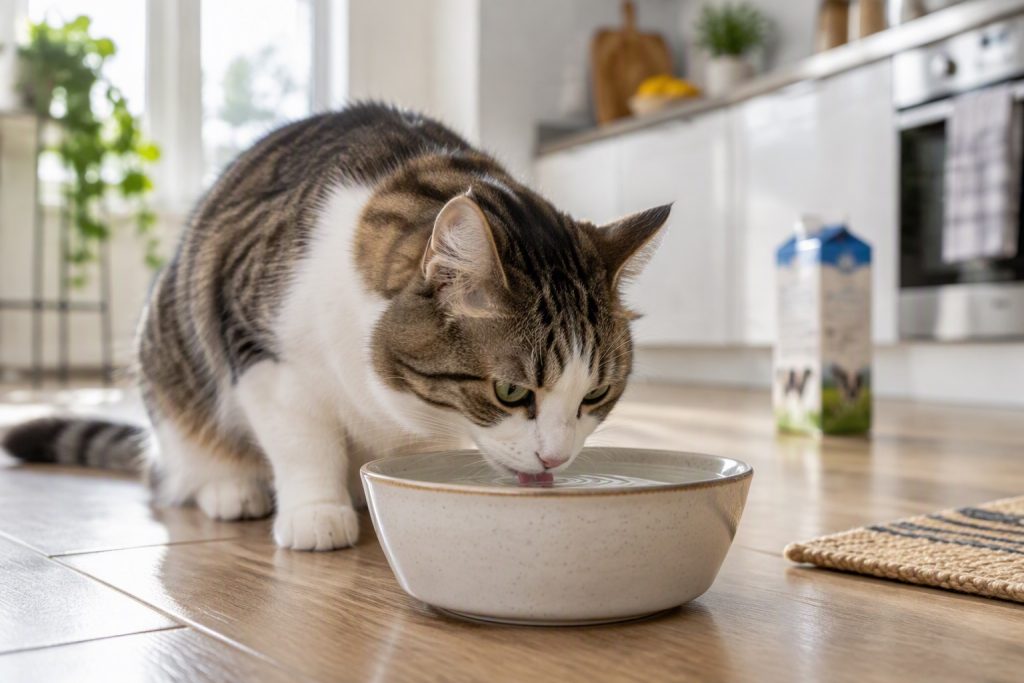 A cat drinking from a ceramic water bowl in a kitchen