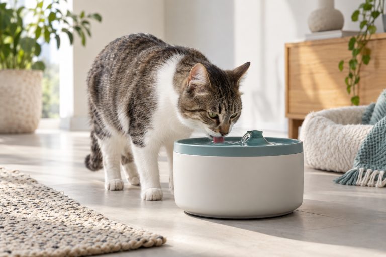 A cat drinking from a circulating pet water fountain