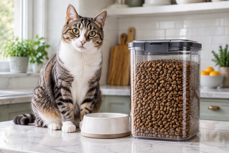 A cat beside an airtight food storage container
