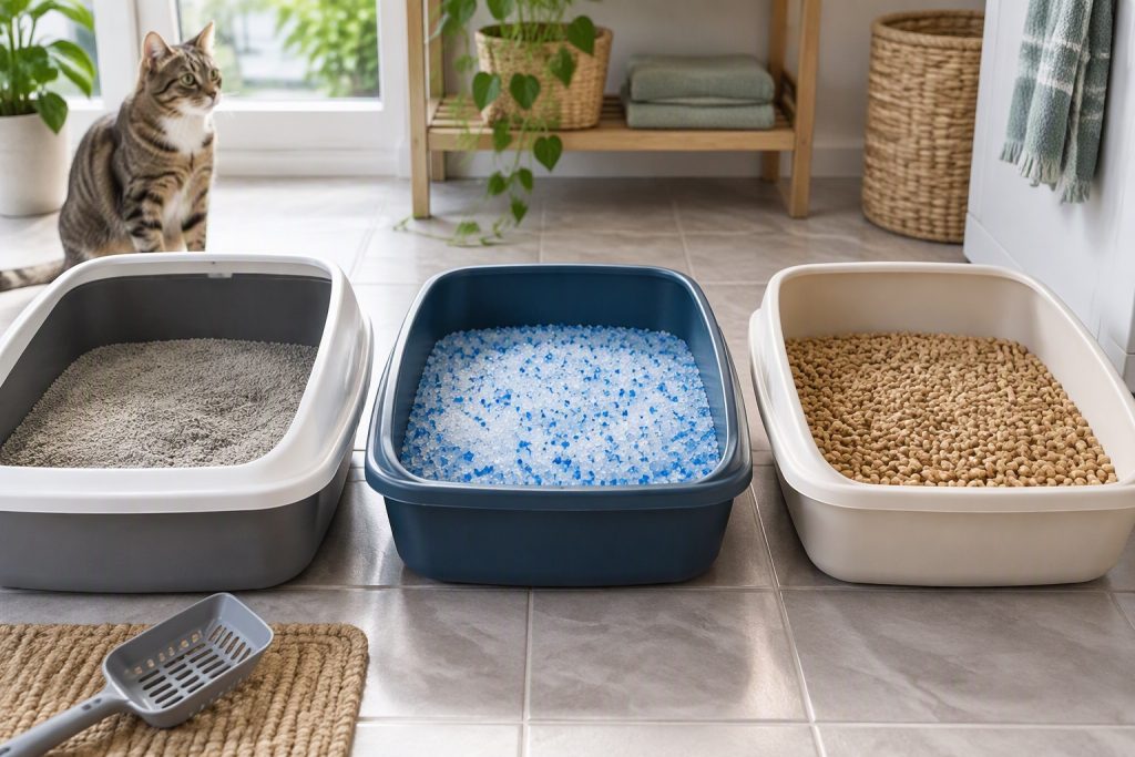 Three litter boxes with different litters side by side