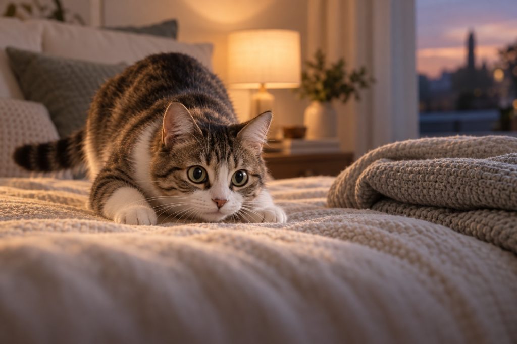 A cat in a playful crouch on a bed at night