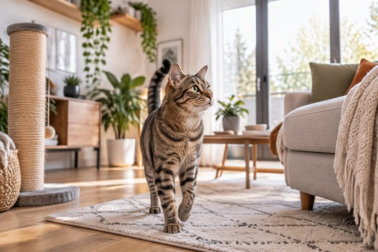 A tabby cat exploring a tidy, cat-proofed living room