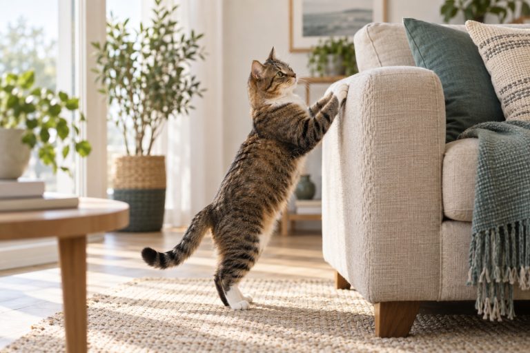Cat scratching the arm of a modern sofa