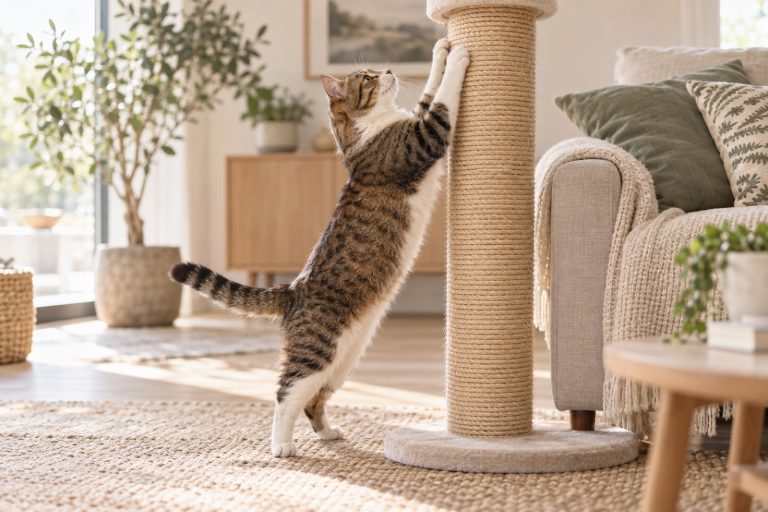 A cat stretching up a tall sisal scratching post