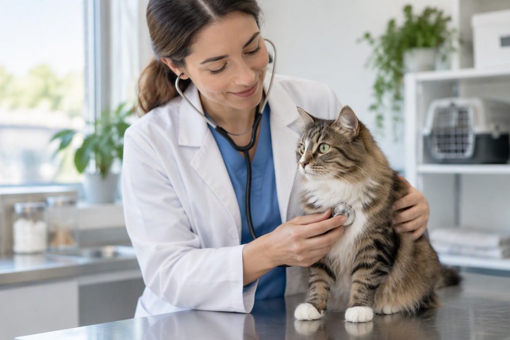 A cat being examined by a veterinarian
