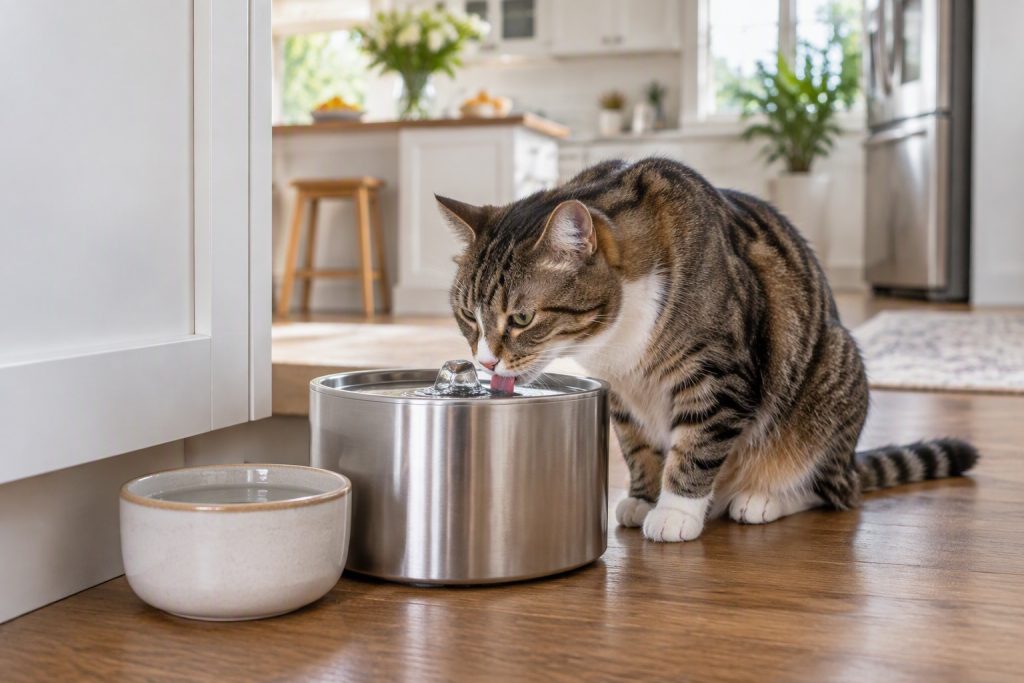 A cat drinking from a water fountain beside a bowl