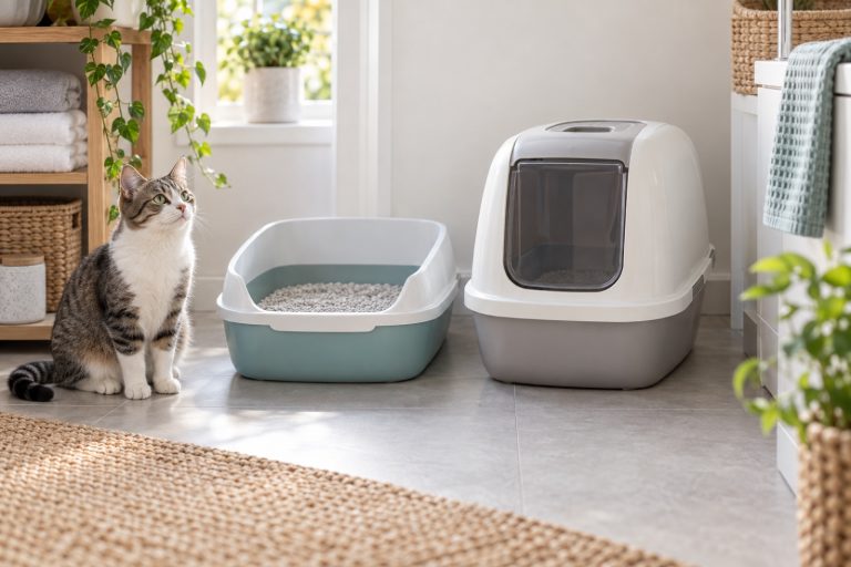 A covered and an open cat litter box side by side