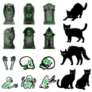 6Pcs Skull Or 6Pcs Tomb Or 5Pcs Black Cat Halloween Yard Sign Decorations Glow In The Dark For Haunted House Garden Yard And Scary Theme Party
