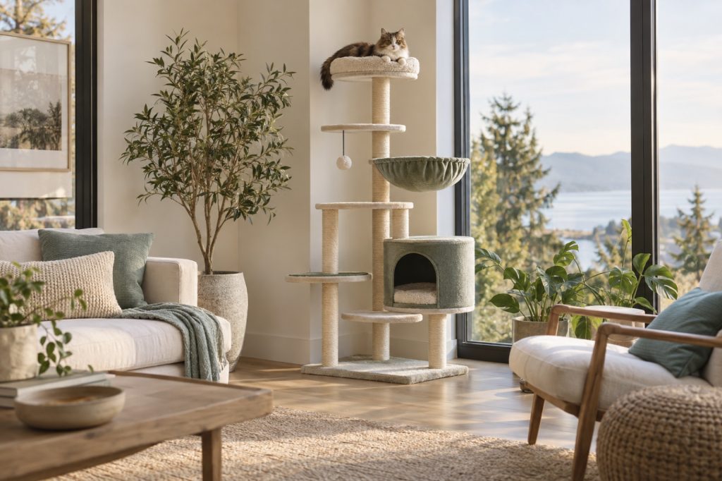A floor-to-ceiling cat tree with a cat on a high platform