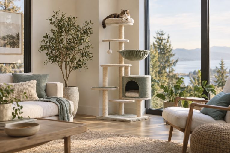 A floor-to-ceiling cat tree with a cat on a high platform