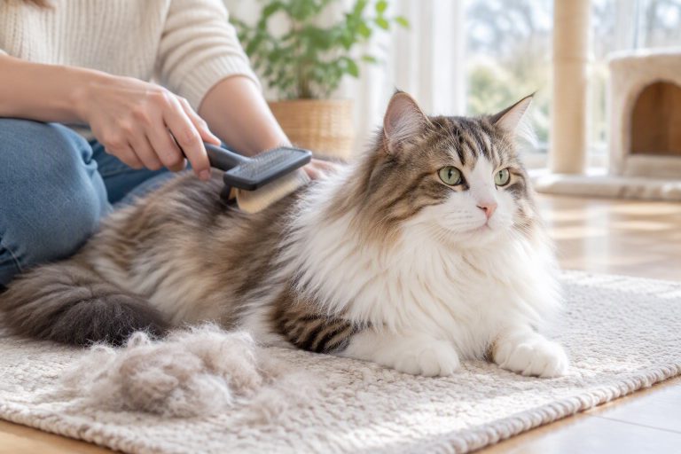 A long-haired cat being brushed, loose fur on the mat