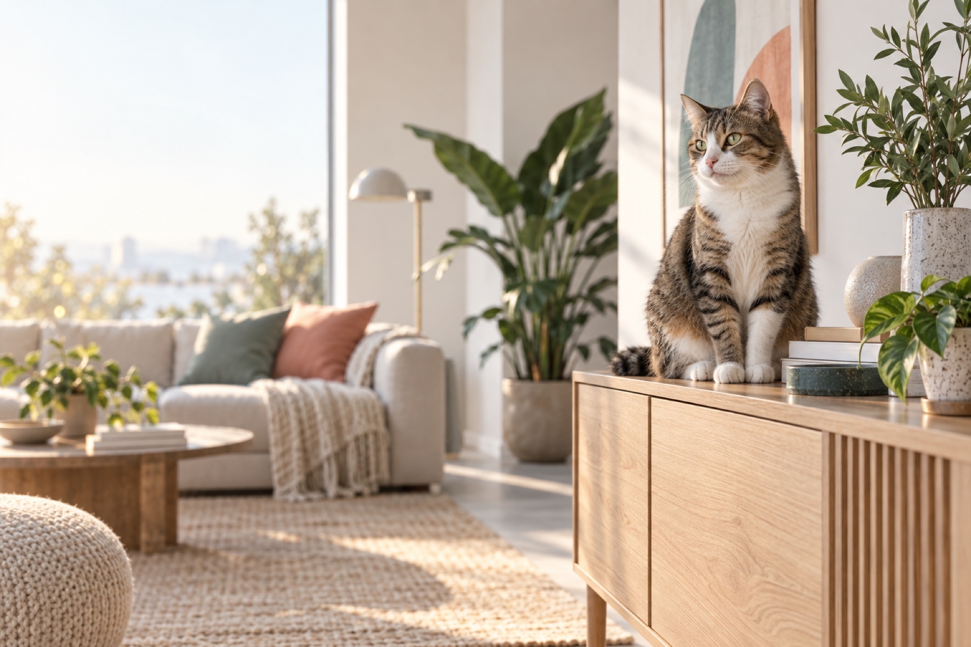 A cat sitting in a bright, modern living room — The KiKi Meow Magazine
