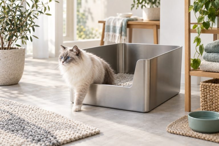 A high-sided stainless steel cat litter box