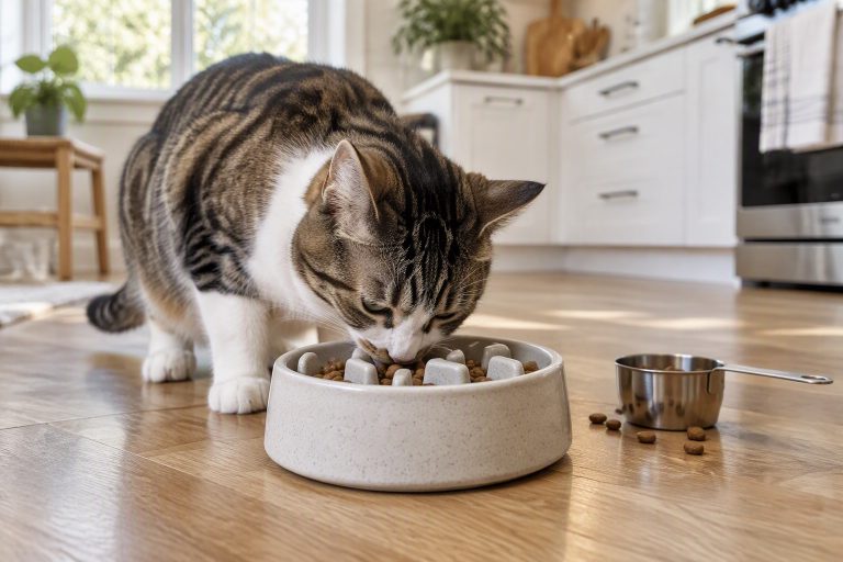 A cat eating from a ceramic slow-feeder bowl