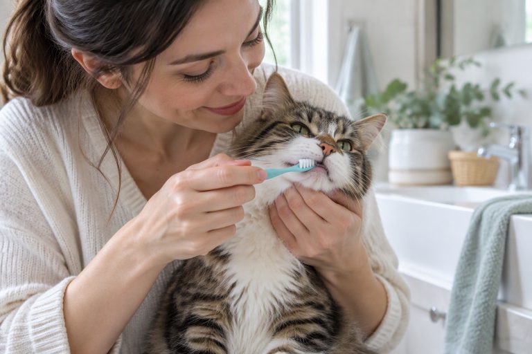 A cat having its teeth brushed with a small pet toothbrush