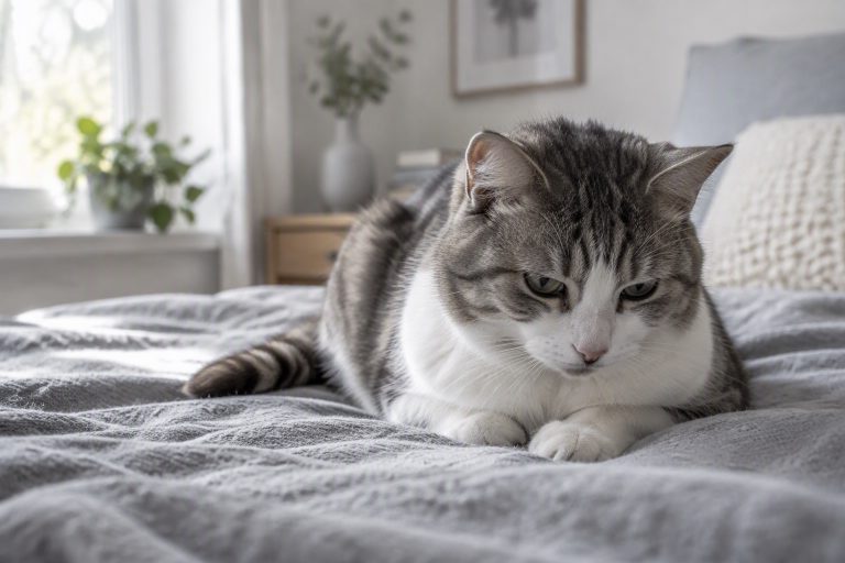 A cat resting quietly on a soft grey bed