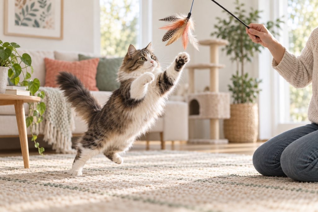 An indoor cat playing with a feather wand toy