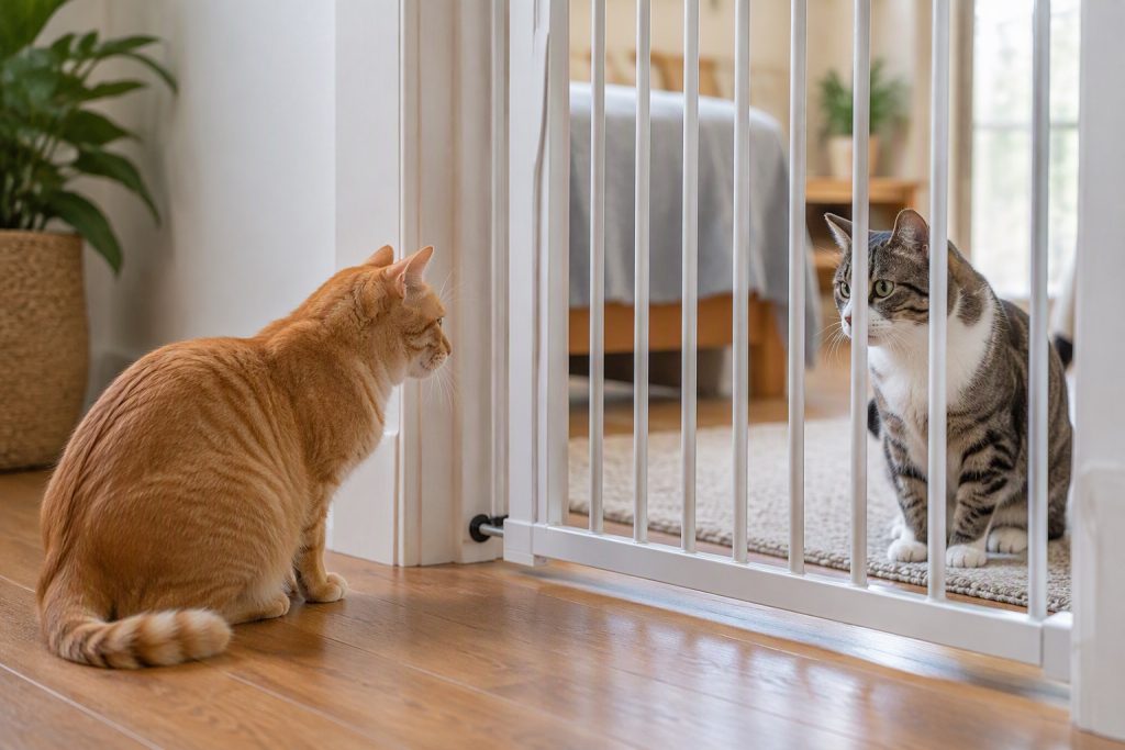 Two cats meeting on either side of a baby gate