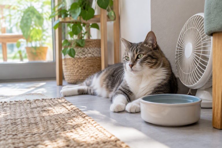 A cat resting in the shade beside a fan and water bowl