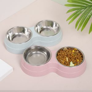 Pet Cat Diet Drinking Bowl Wheat Straw Pet Double Bowl Cute Cat Bowl