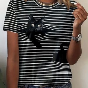 European And American Ladies Tie-dye Cat Print Garden Collar T-shirt