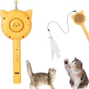 Cat Brush Toy 5-in-1 Interactive Cat Toys Retractable Cat-Teasing Wand Pet Grooming Self Cleaning Brush  Light Up Cat Toy With Five Light Patterns