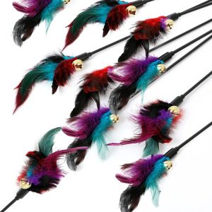 Rainbow Color Feather Toys Funny Cat Stick Plush Feathers With Bells Teaser Stick Interactive Pet Cat Playing Training Toy