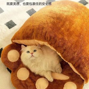 Winter Warm Cute Bear Paw Cat Bed Thickened House Semi-closed Cat Nest Large Space Washed Sleeping Bag Pet Bed Pets Products