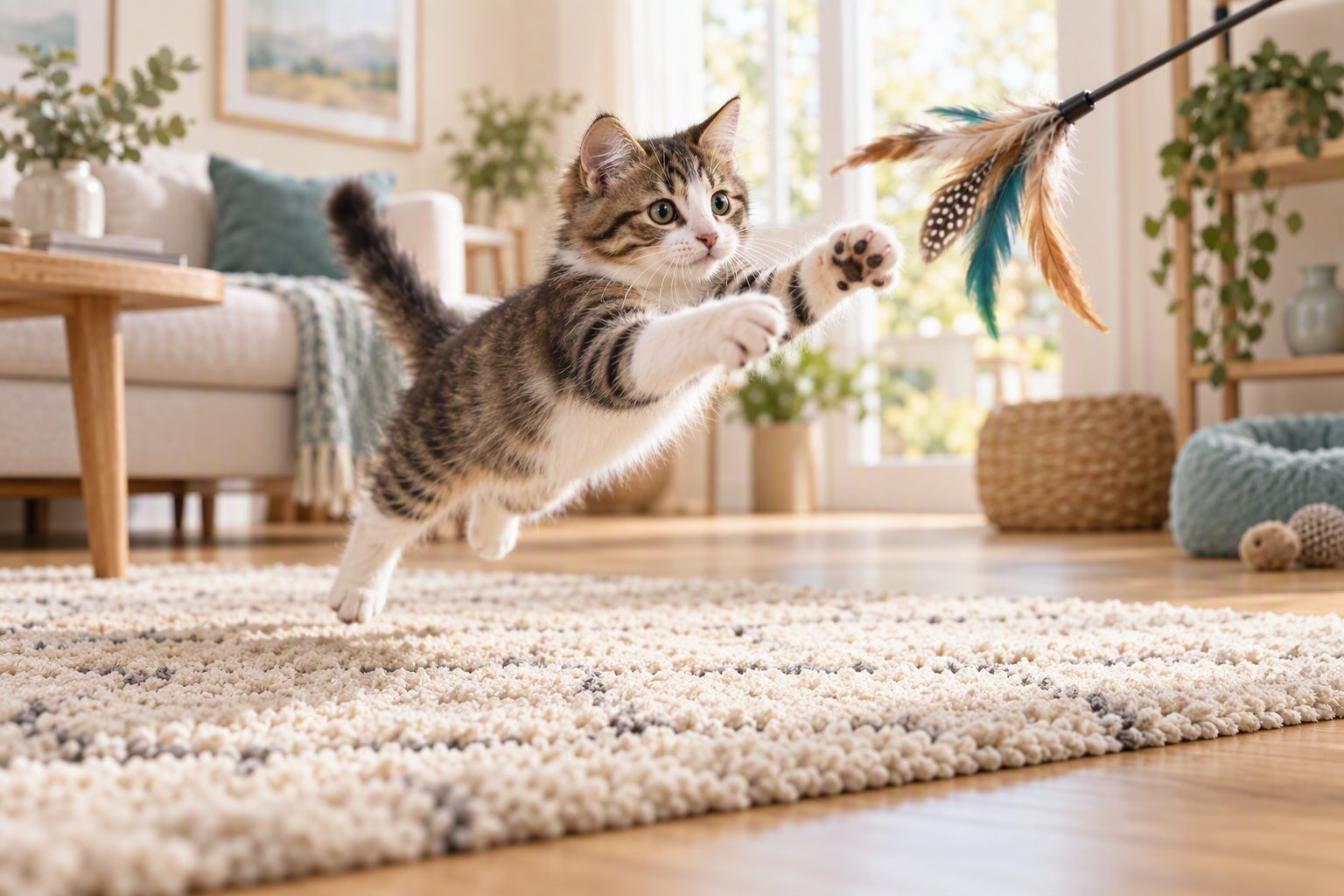 Young cat mid-pounce on a feather wand teaser toy