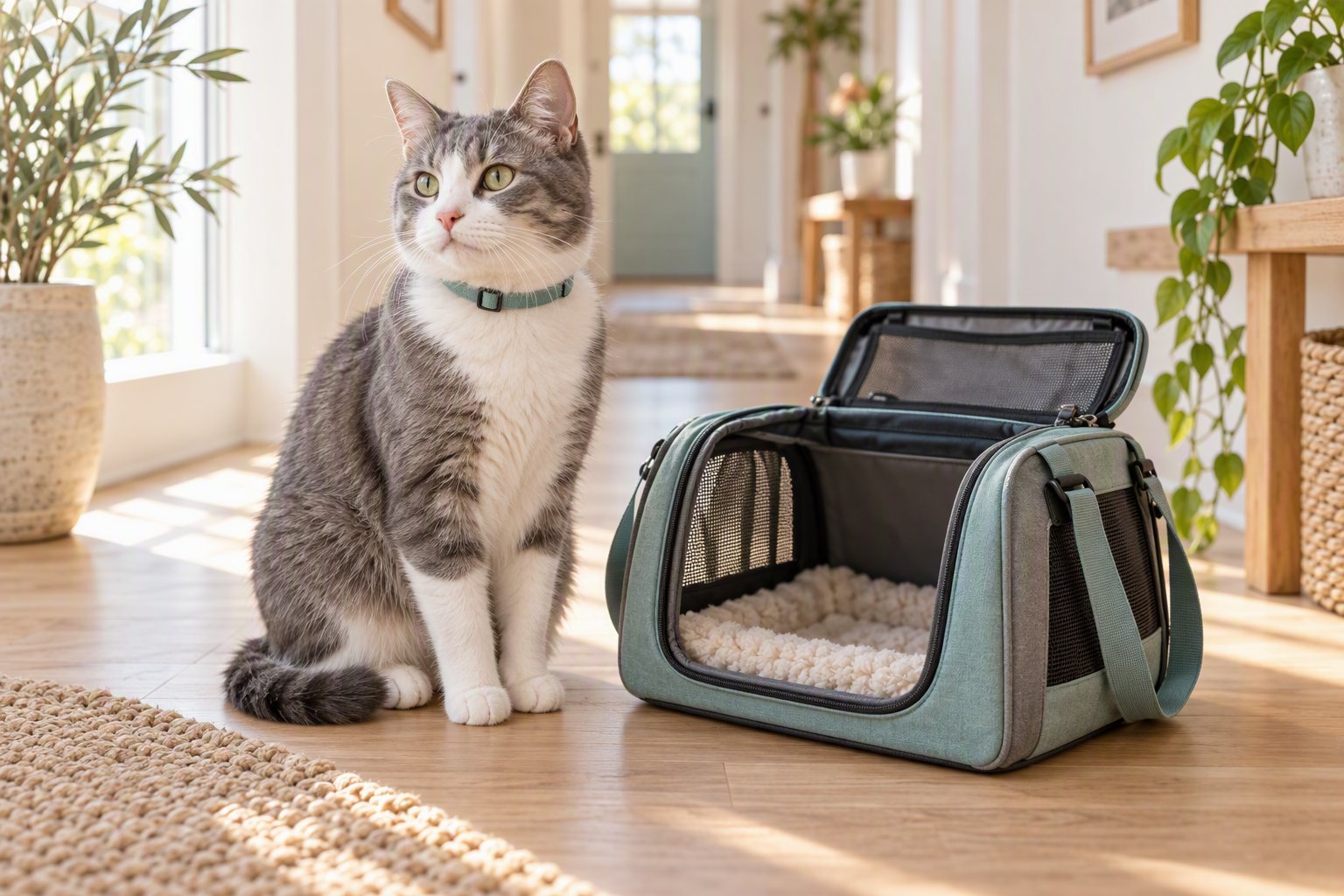 Grey and white cat wearing a teal breakaway collar beside an open pet carrier