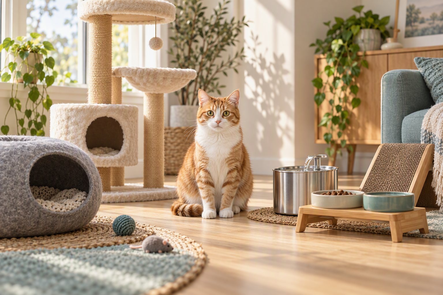 A cat tree, felt donut bed, cardboard scratcher and water fountain arranged in a bright living room with a ginger and white cat