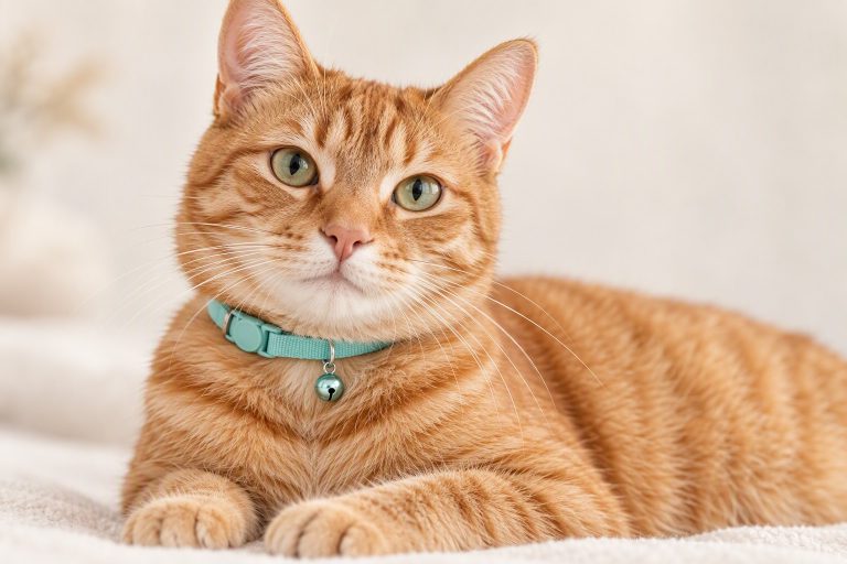 Ginger tabby cat wearing a light-teal breakaway safety collar with a small bell