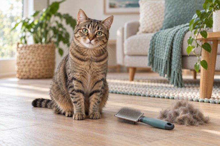 Brown tabby cat sitting on a wooden floor beside a grooming brush and brushed fur