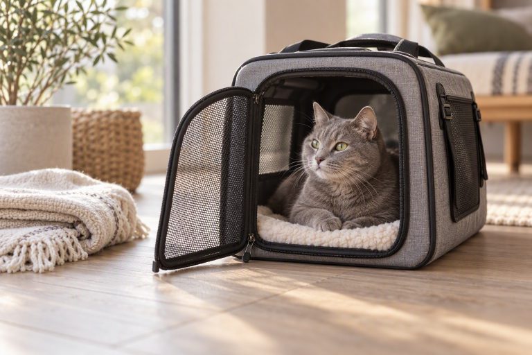 Grey cat sitting calmly inside an open soft-sided pet carrier
