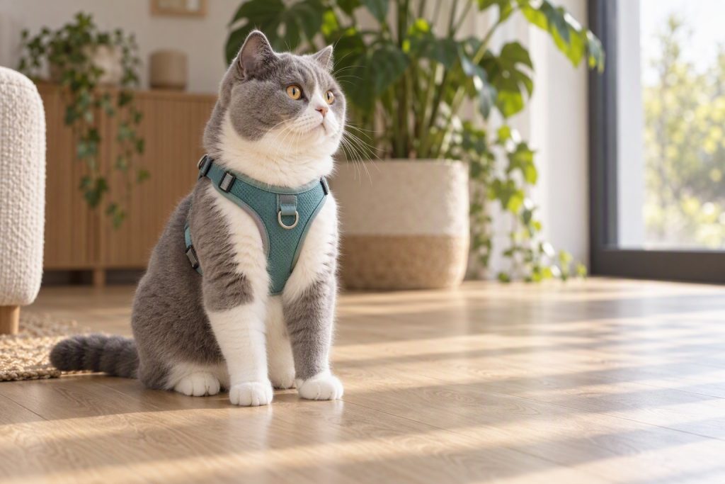 Grey and white cat wearing a soft teal padded walking harness