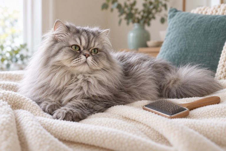 Long-haired grey cat resting on a cream blanket beside a grooming brush