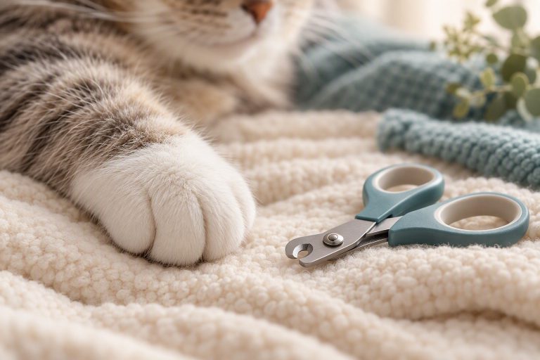 Close-up of a cat paw beside a pair of cat nail clippers on a soft blanket