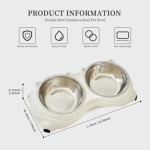 Double Stainless Steel Cat Bowl, Non-Slip Base, White