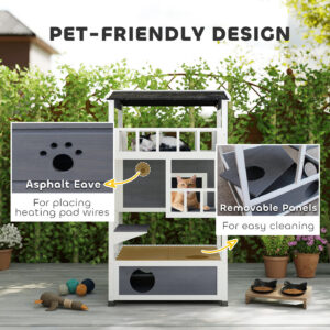 Wooden Outdoor Cat House with Asphalt Roof, Gray