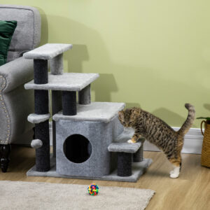 Adjustable 3 to 4 Step Cat Stairs with Scratching Post, Gray