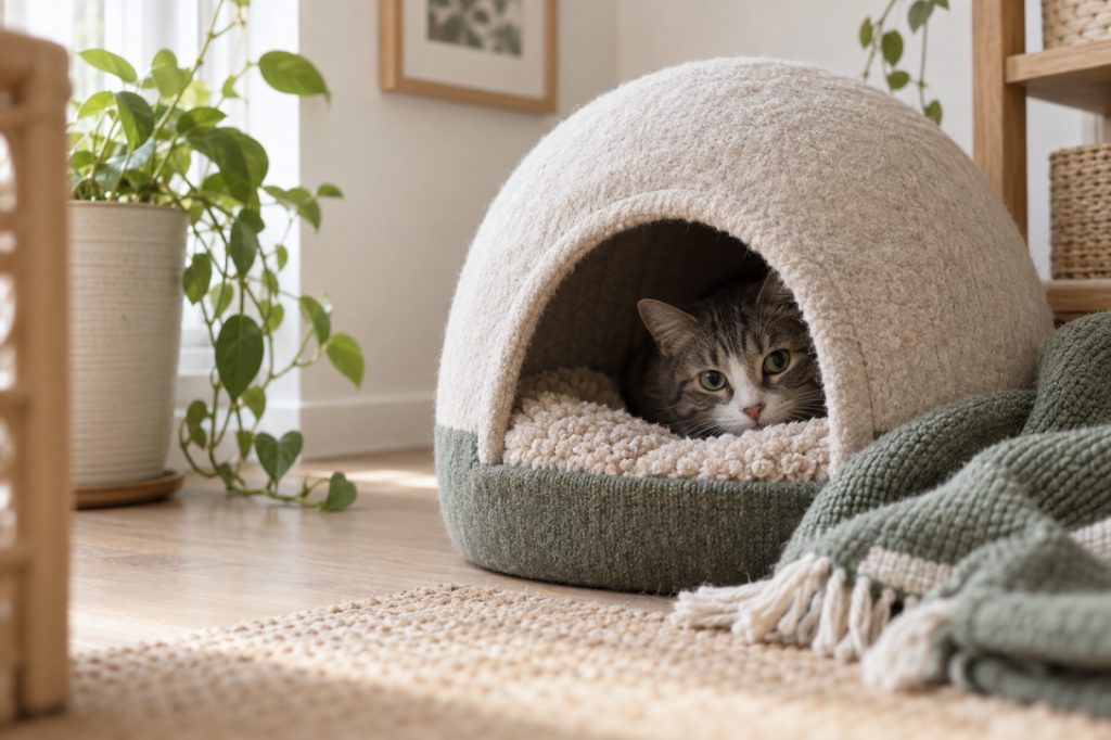 A shy rescue cat peeking out of a covered cat bed