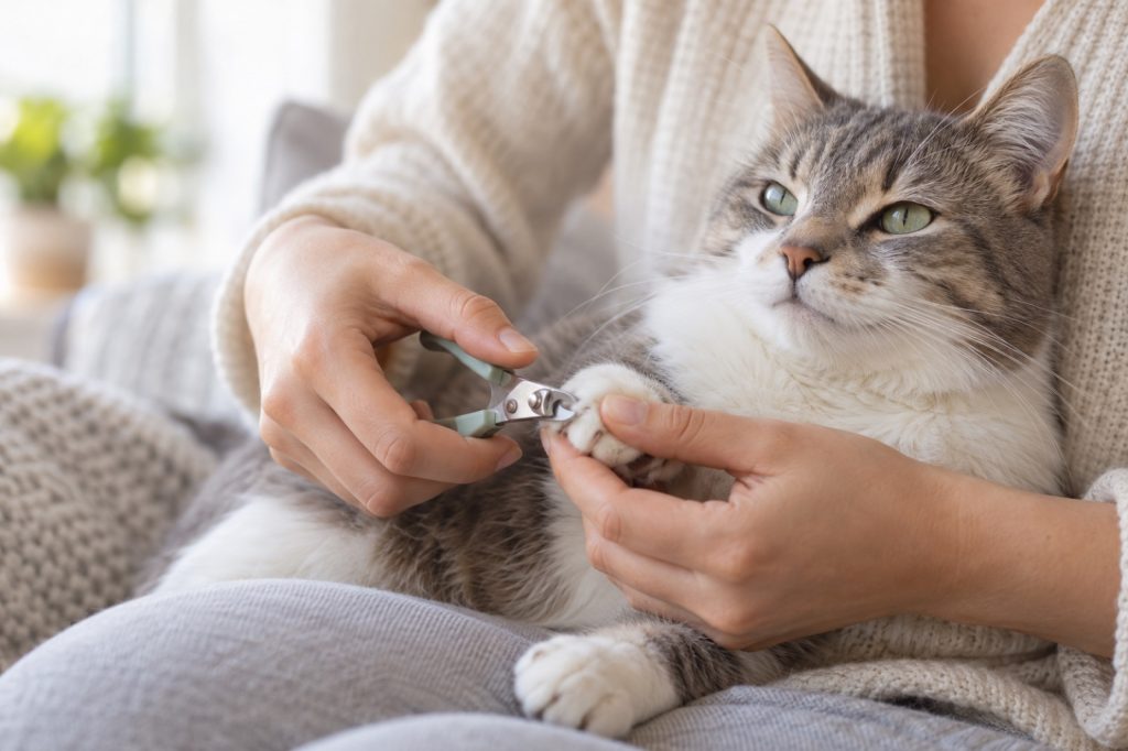 Trimming a cat's front claws with clippers