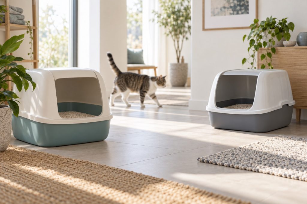 Two cat litter boxes placed apart for two cats