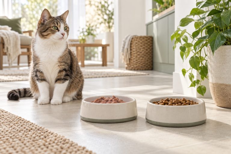 A bowl of wet cat food and a bowl of dry kibble