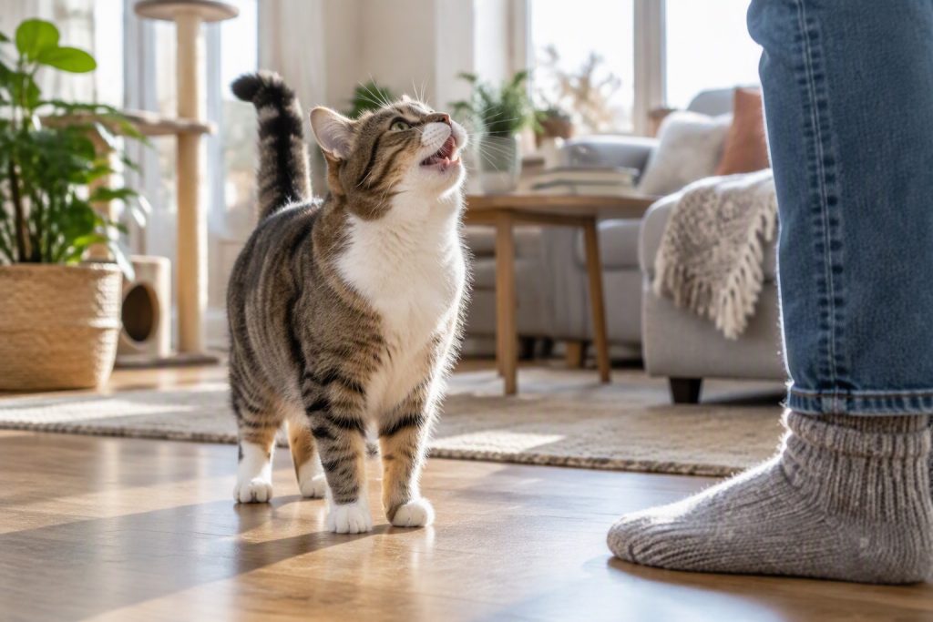 A cat meowing, looking up at its owner