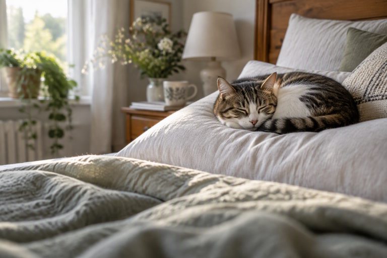 A cat curled up asleep on a pillow